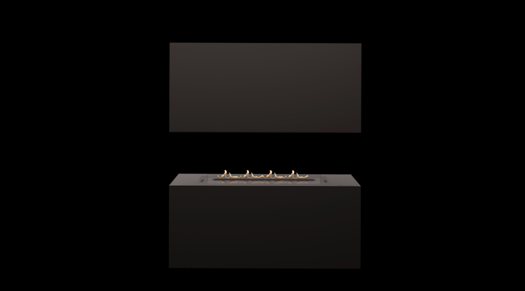 Planika FLA4 com BEV Technology® inserida num móvel. Bioetanol automático para interior, 6 níveis de chama, WI-FI, domótica. 590–2490 mm disponíveis. Várias disposições disponíveis.