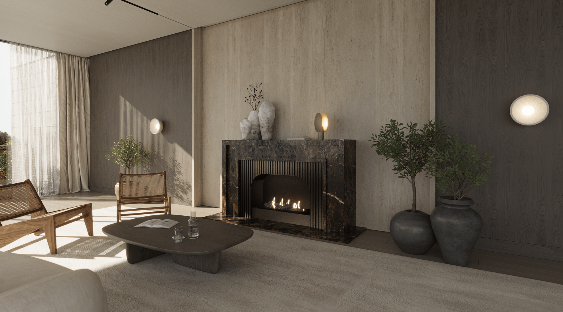 Lareira de bioetanol com ricas canalizações detalhadas, curvas elegantes e uma presença imponente.