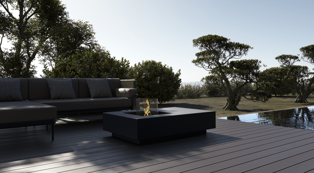 Lareira outdoor Gatsby a gás com estrutura moderna e acabamento premium.