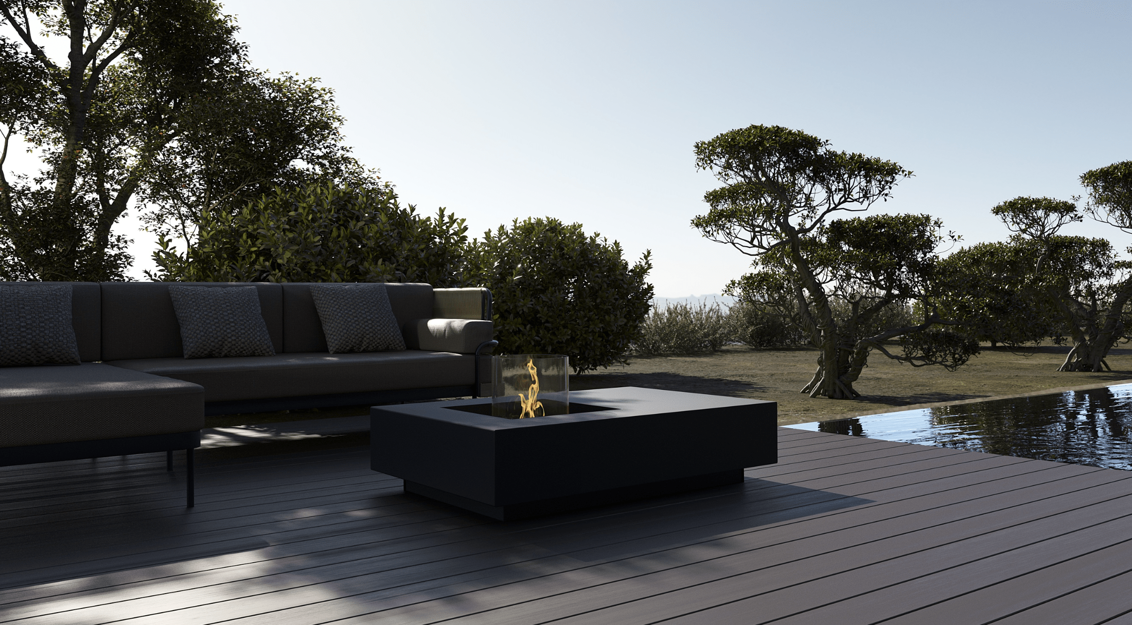 Lareira outdoor Gatsby a gás com estrutura moderna e acabamento premium.
