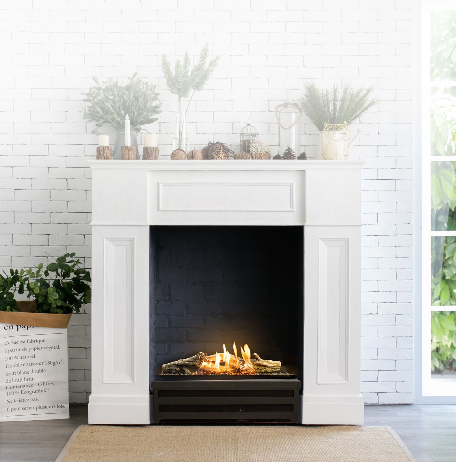 Basket Fire Logs in a white fireplace niche