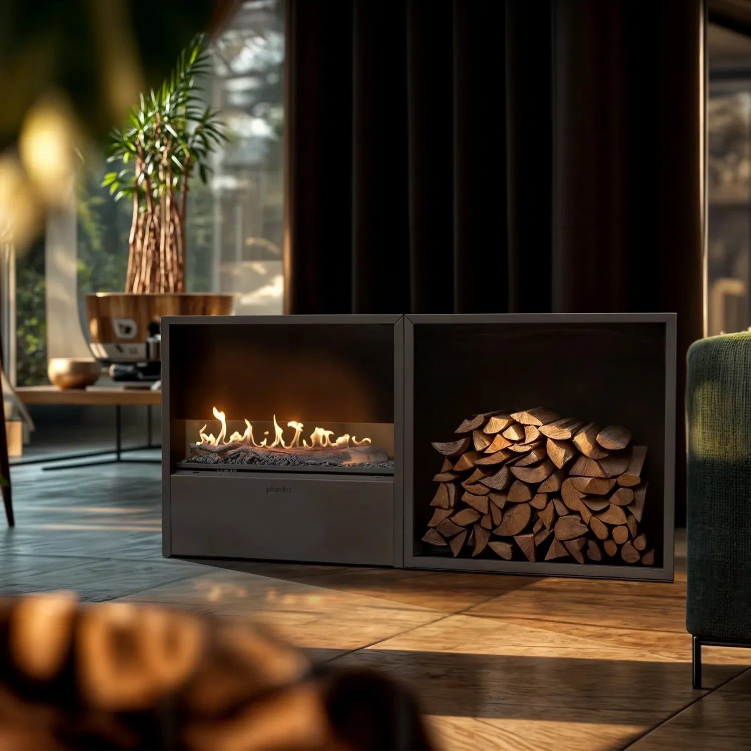 Cottage with log box in a living room